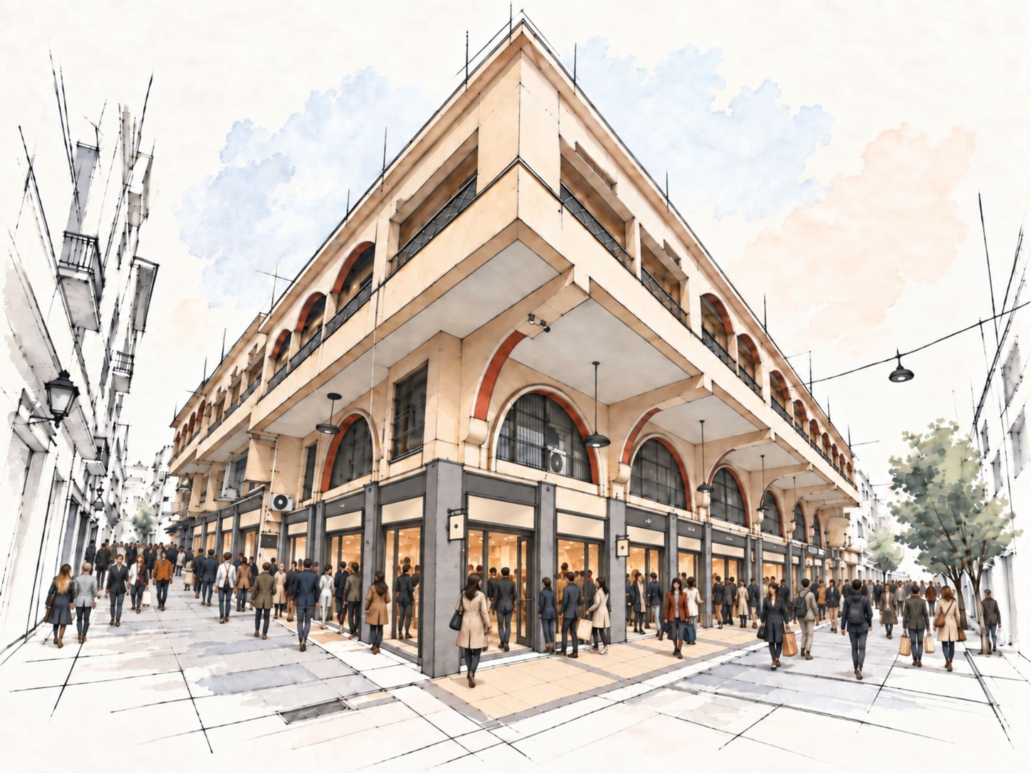 Artist’s illustration of Ermeio Shopping Centre at the corner of Pandrosou and Mnisikleous