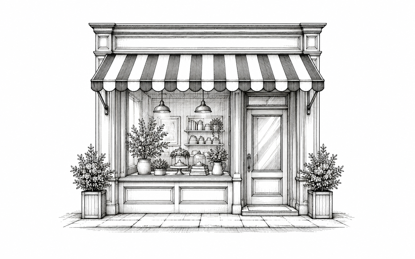 Generic black-and-white drawing of a small shop